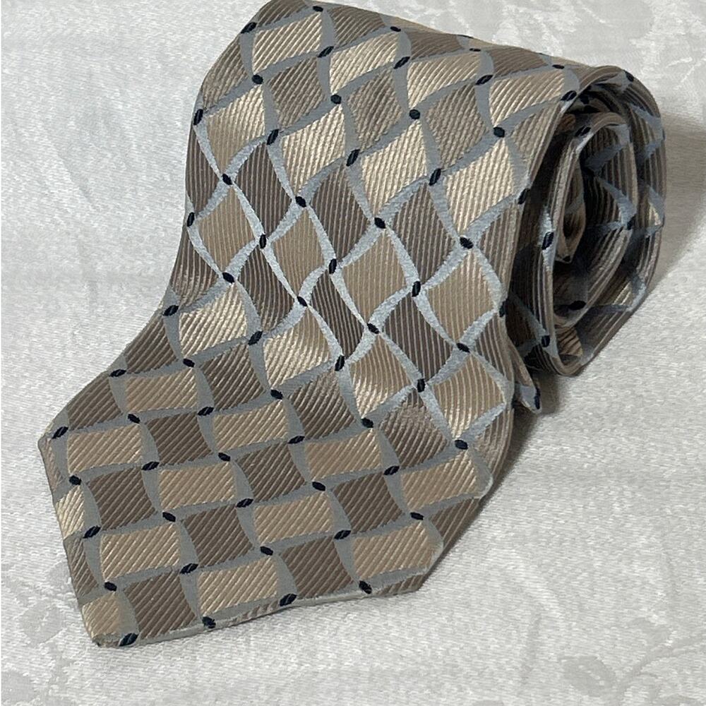 Fratelli Moda 100% Silk Tie Taupe Silver Geometric Print Made in Italy